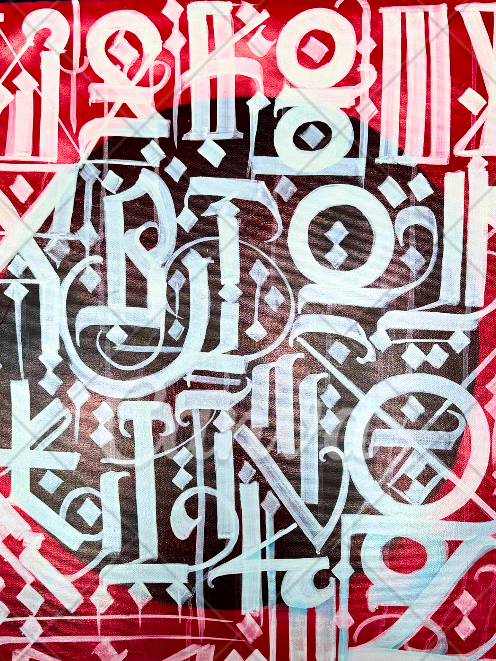 White gothic style script red backround